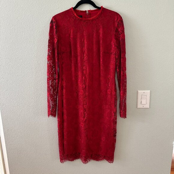 NWT $1195 Escada Dalisa Cherry Red Long Sleeve Lace Midi Dress 34 US 4 XS - Picture 1 of 9